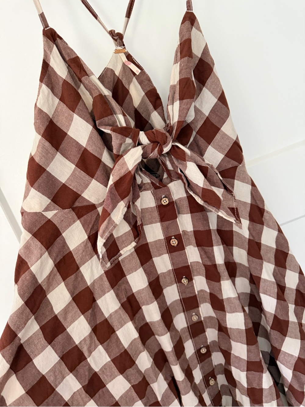 Free People Brown & Cream Gingham Tie-Back Midi Dress - Picture 4 of 7